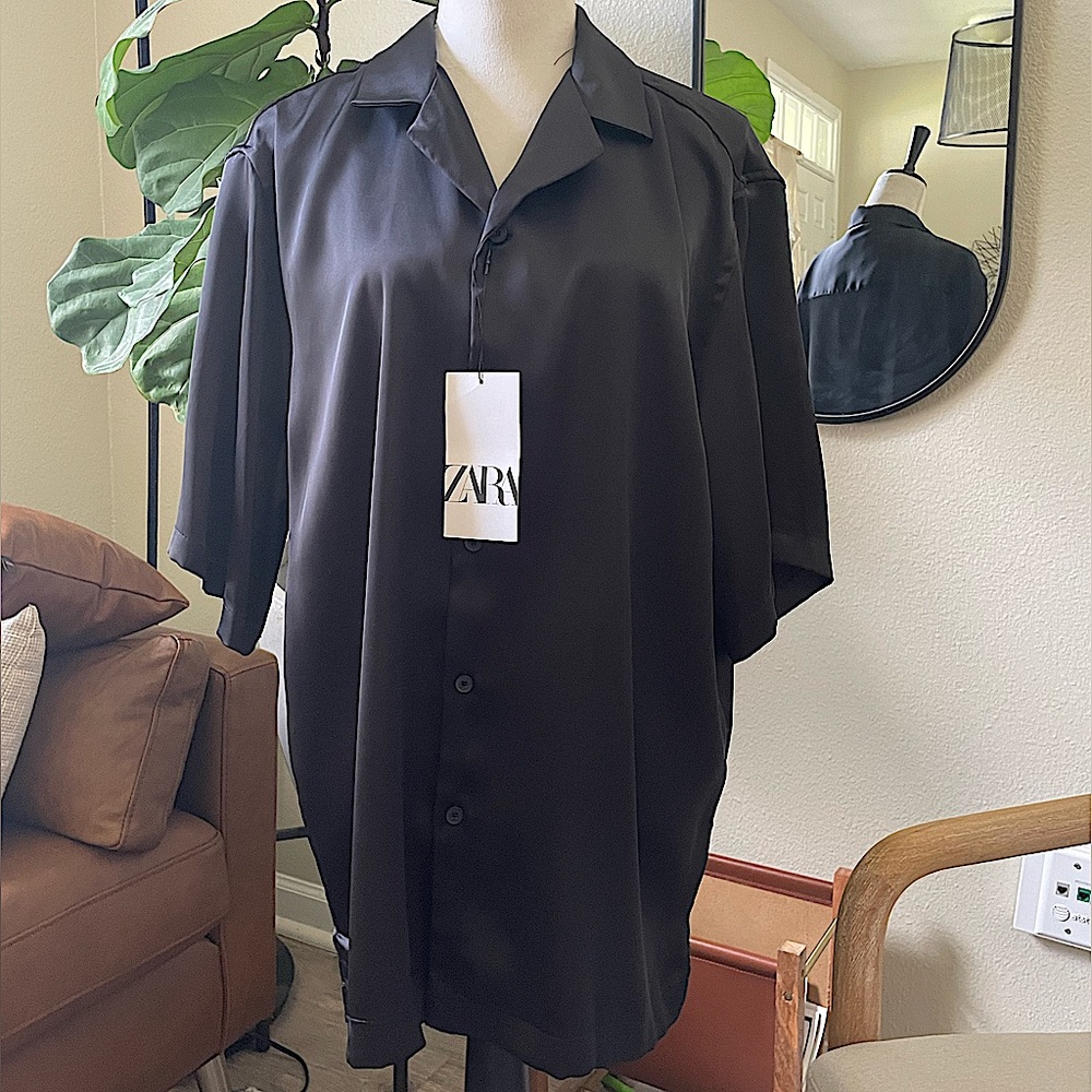 NWT Zara Satin Effect Black Short Sleeve Shirt